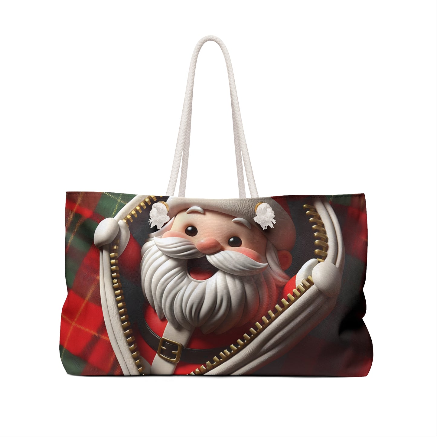 Personalised/Non-Personalised Weekender Bag, Cute Santa, Christmas, Tartan, Large Weekender Bag, Beach Bag, Book Bag