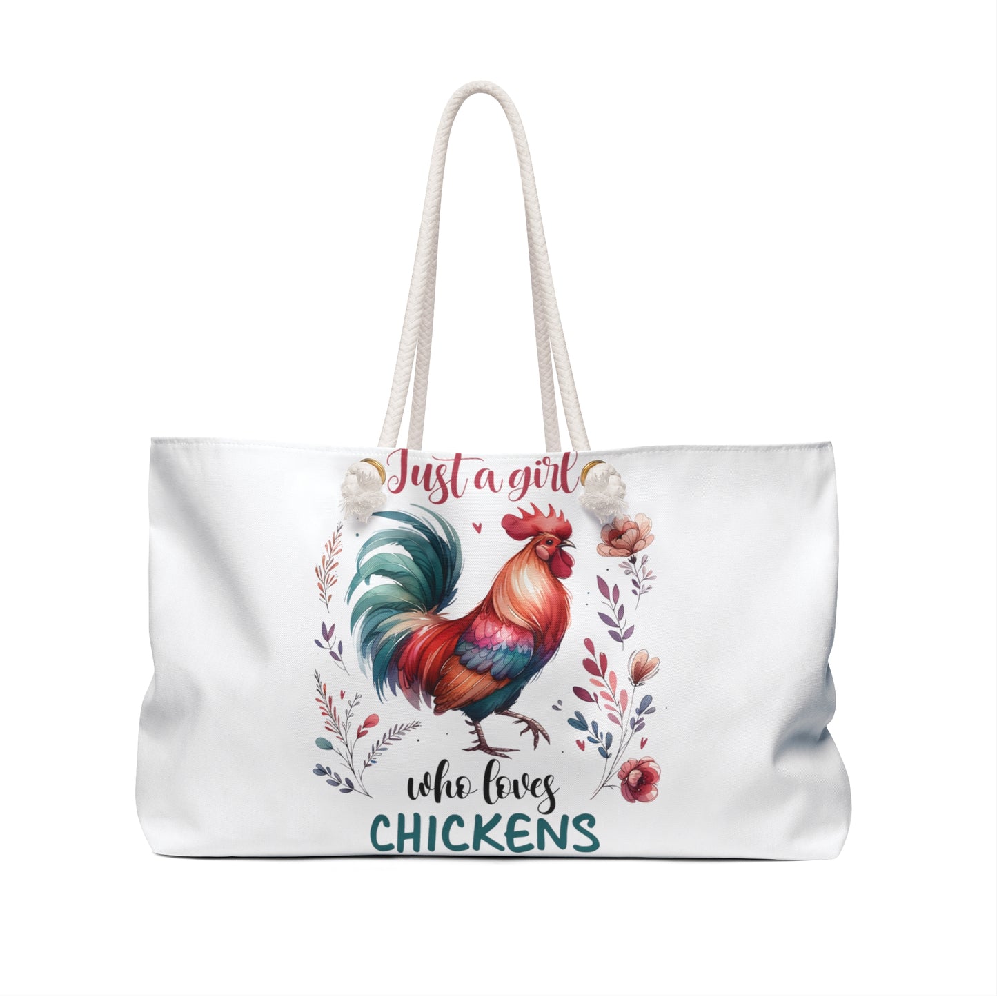 Personalised/Non-Personalised Weekender Bag, Chickens, Quote, Just A Girl Who Loves Chickens, Large Weekender Bag, Beach Bag, Book Bag