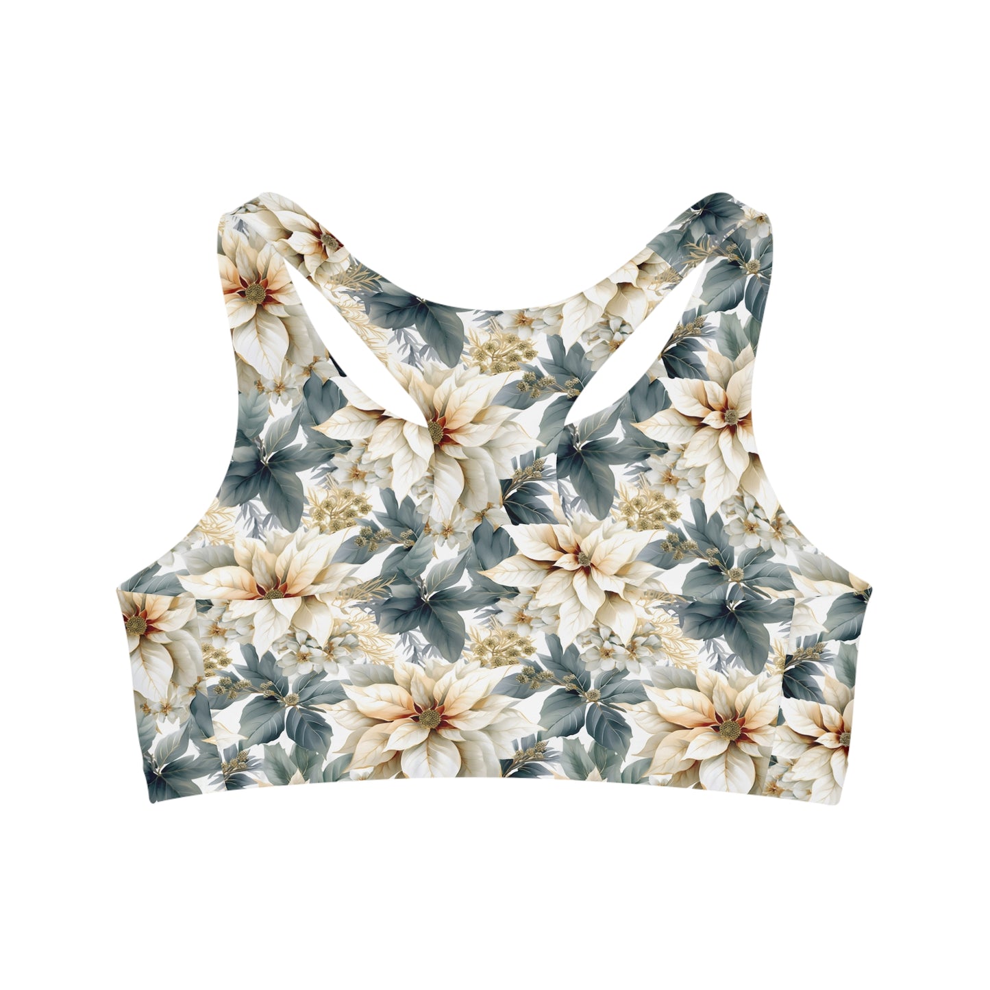 Seamless Sports Bra, Cream Poinsettia, Women's Crop Top, Women's Sportswear, Women's Athleticwear, Women's Activewear