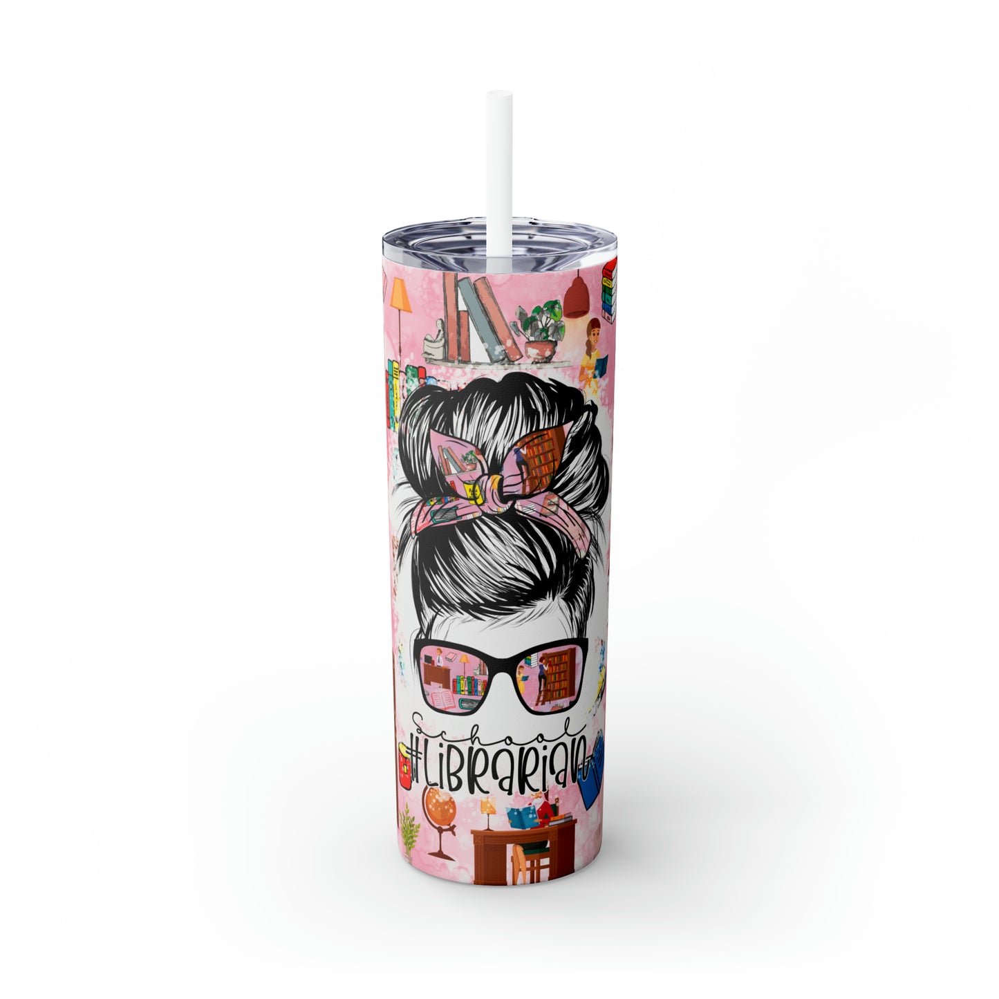 Skinny Tumbler with Straw, 20oz,  School Librarian