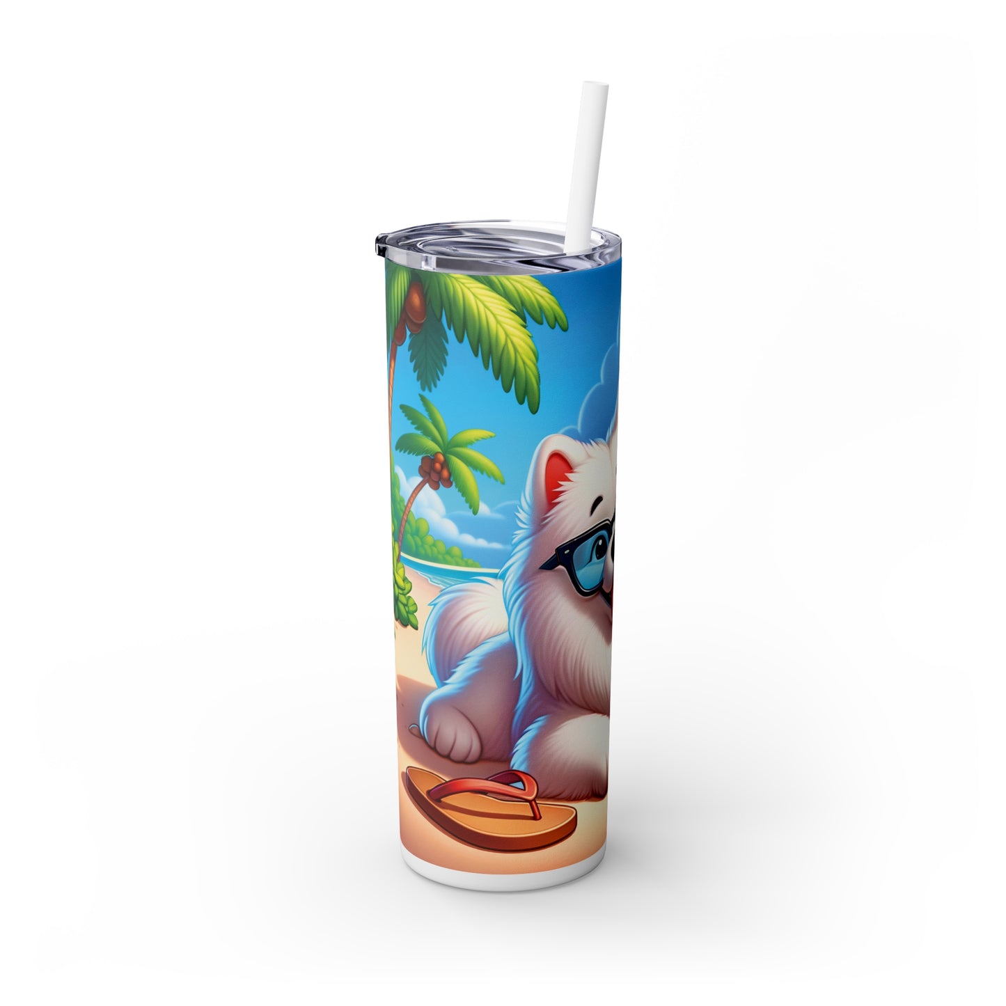 Skinny Tumbler with Straw, 20oz, Dog on Beach, Samoyed, awd-1240