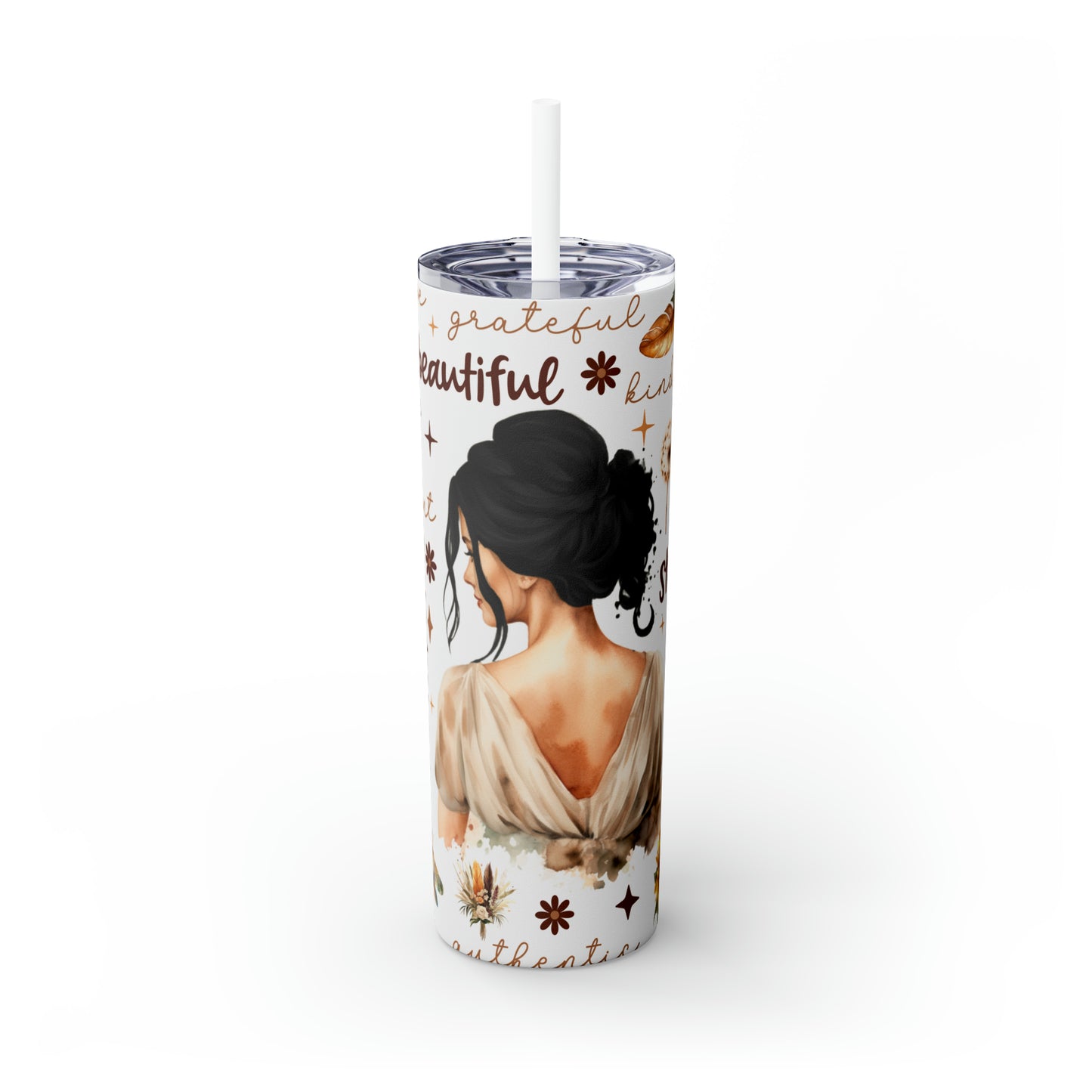 Skinny Tumbler with Straw, 20oz, Affirmation, Woman Dark Hair, awd-502