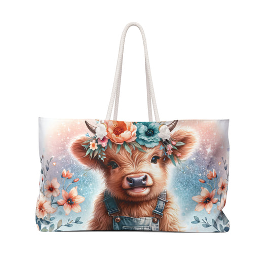 Personalised/Non-Personalised Weekender Bag, Highland Cow, Large Weekender Bag, Beach Bag, Book Bag