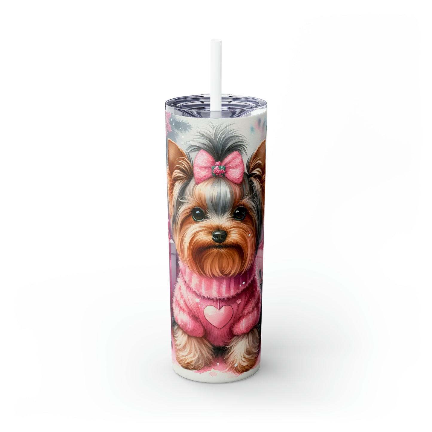 Skinny Tumbler with Straw, 20oz, Christmas Yorkshire Terrier, awd-222