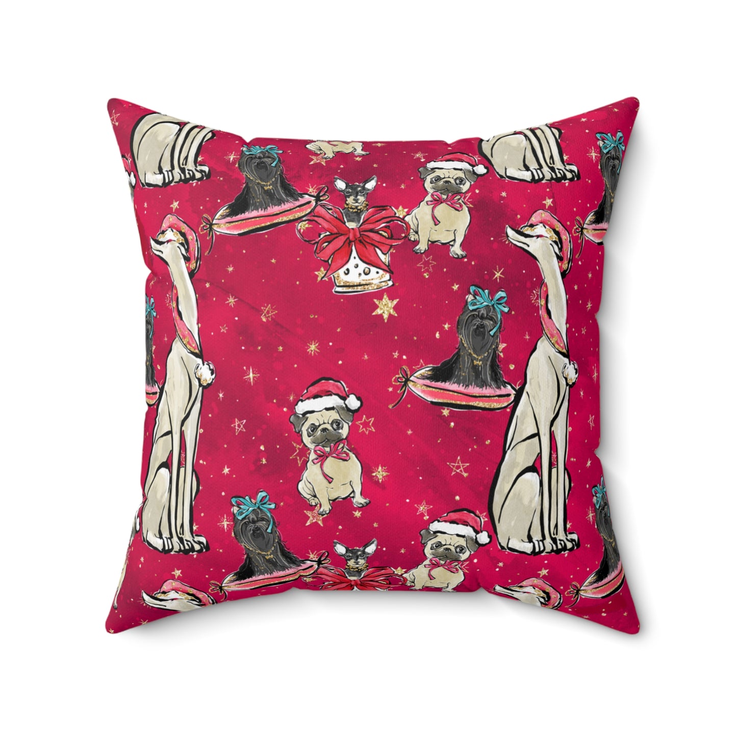 Spun Polyester Square Pillow, Red Doggie Blended Dog Family Christmas Cushion