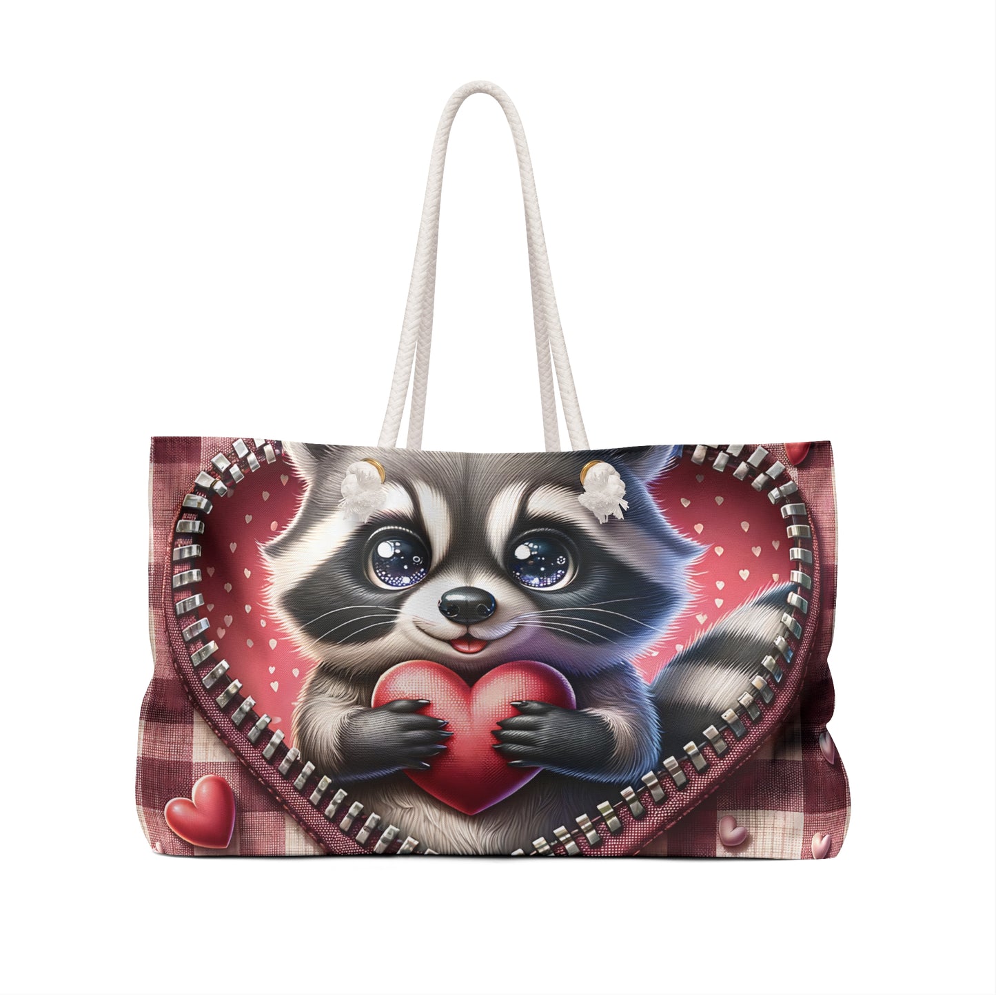 Personalised/Non-Personalised Weekender Bag, Cute Racoon, Zipper, Valentines Day, Large Weekender Bag, Beach Bag, Book Bag