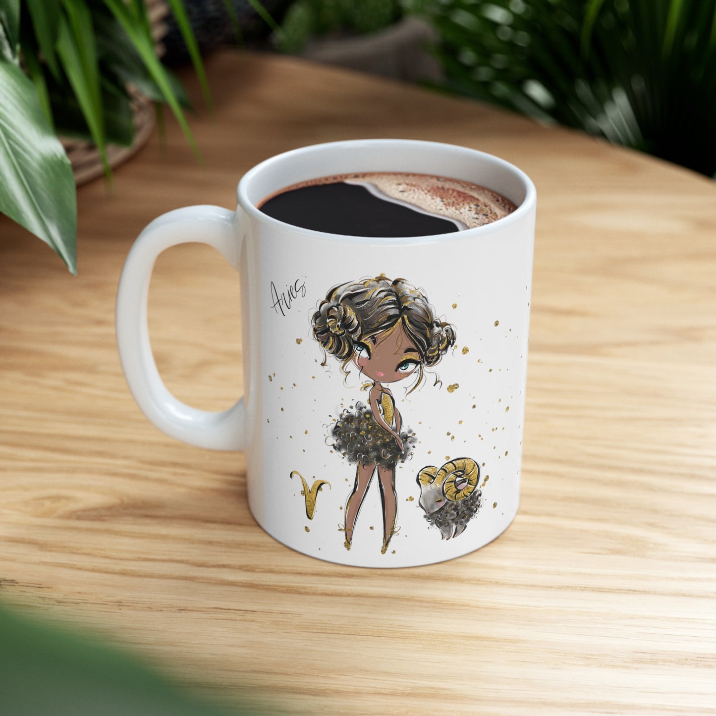 Personalised/Non Personalised Zodiac Sign, Aries, Ceramic Mug 11oz Brunette Hair - Olive Skin - Blue Eyes