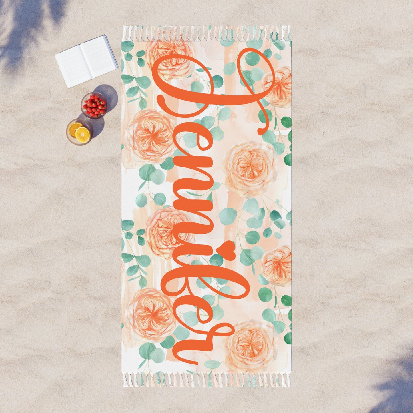 Personalised Boho Beach Towel, Roses and Eucalyptus Leaves