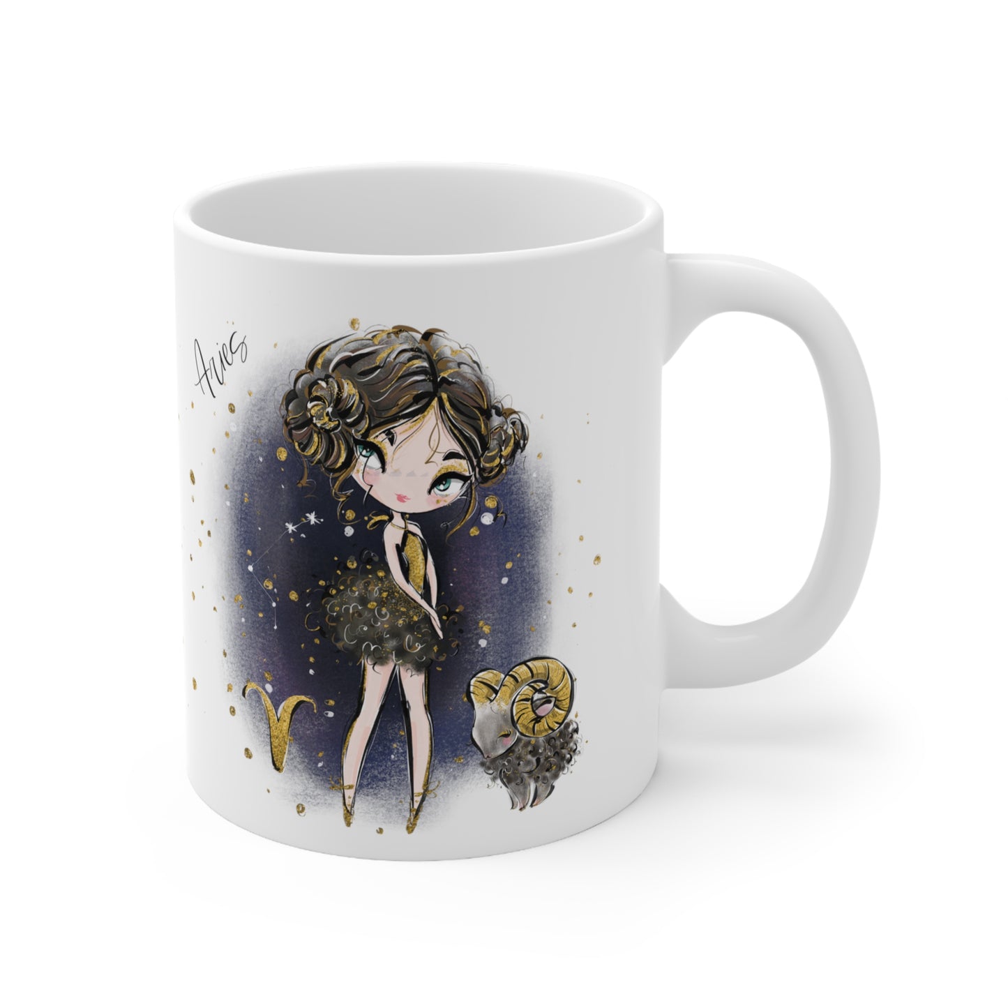 Personalised/Non Personalised Zodiac Sign, Aries, Ceramic Mug 11oz Brunette Hair - Olive Skin - Blue Eyes - Bg