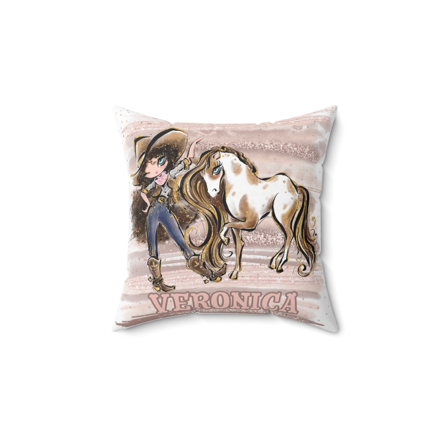 Personalised Cowgirl and Horse Cushion,  Brown Curly Hair, Blue Eyes, Polyester Square Cushion, Christmas cushion