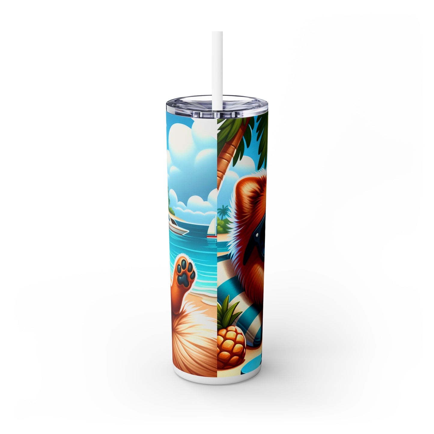 Skinny Tumbler with Straw, 20oz, Dog on Beach, Pomeranian, awd-1231