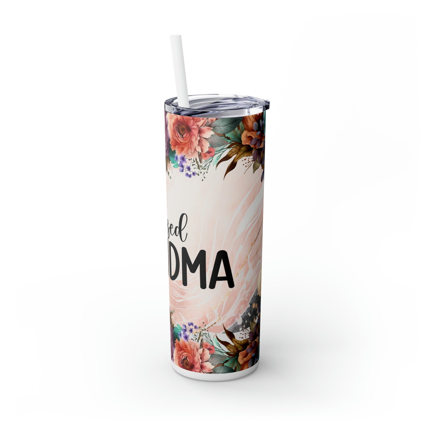 Skinny Tumbler with Straw, 20oz, Floral, Quote, Blessed Grandma, awd-728