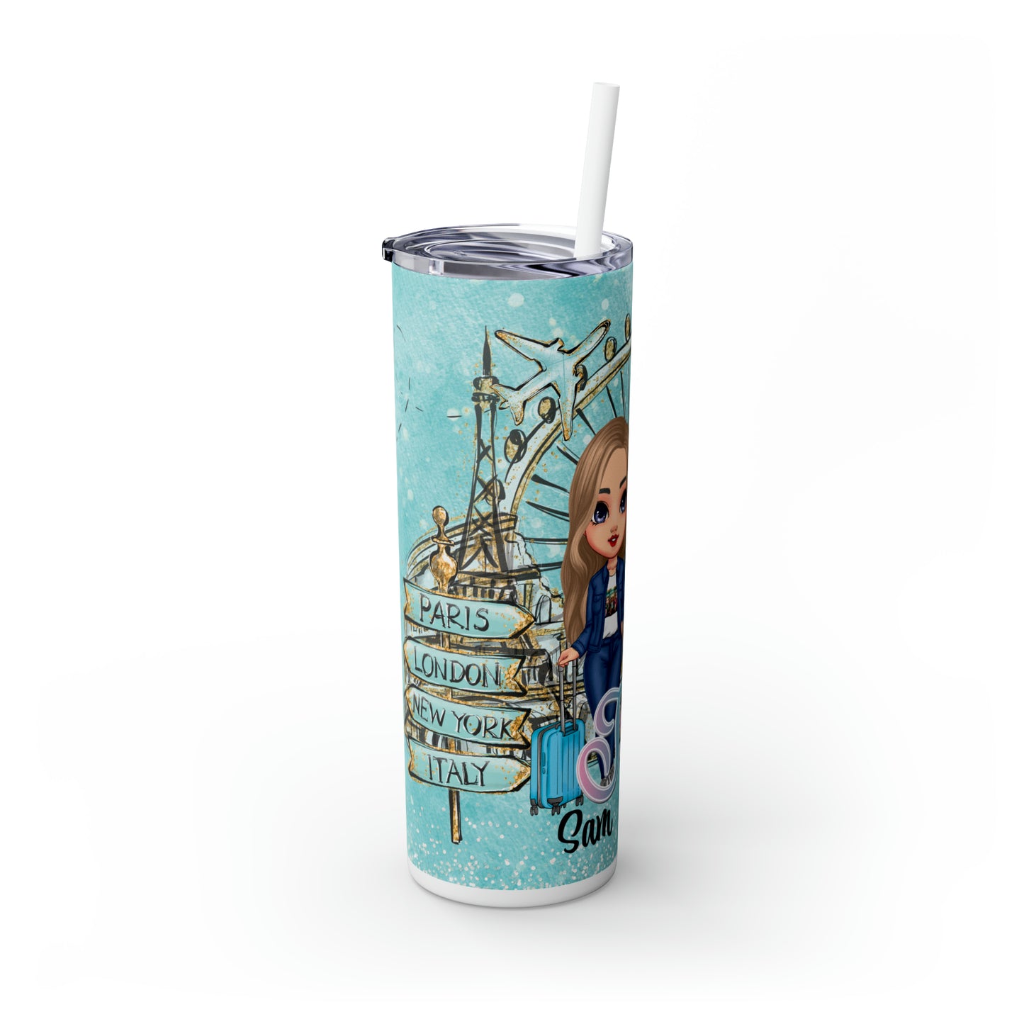 Skinny Tumbler with Straw, 20oz, Personalized, Just A Girl Who Loves Travelling, Blonde Hair