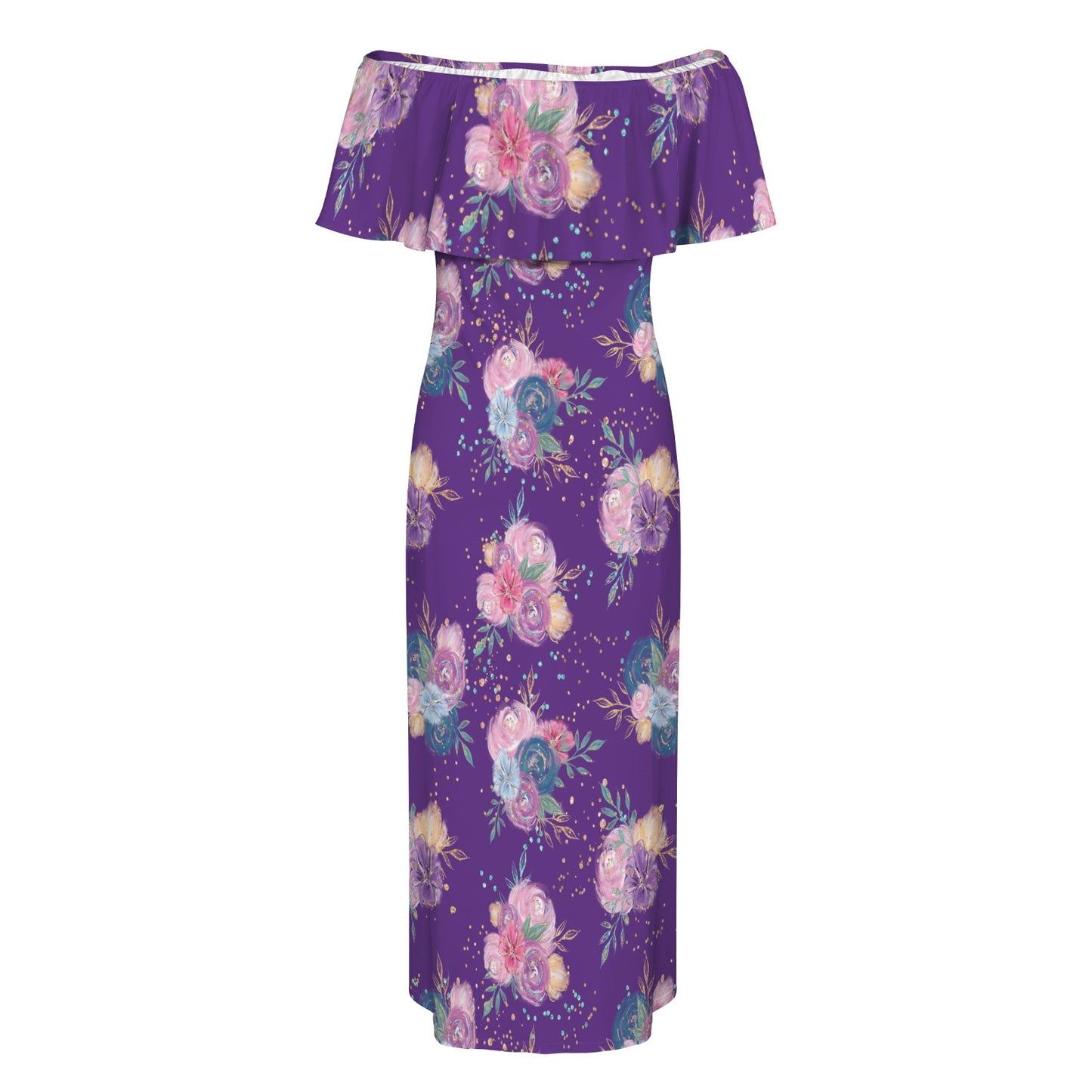 Purple Floral Women's Off Shoulder Ruffle Boat Neck Dress (Model D71)
