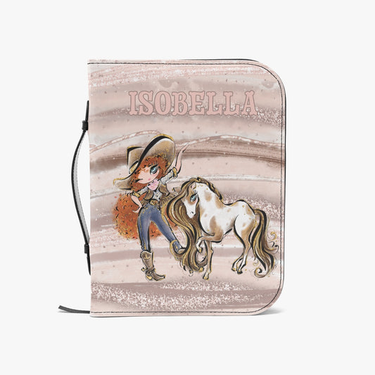 Book/Bible Cover, Howdy, Cowgirl and Horse, Red Curly Hair, Blue Eyes