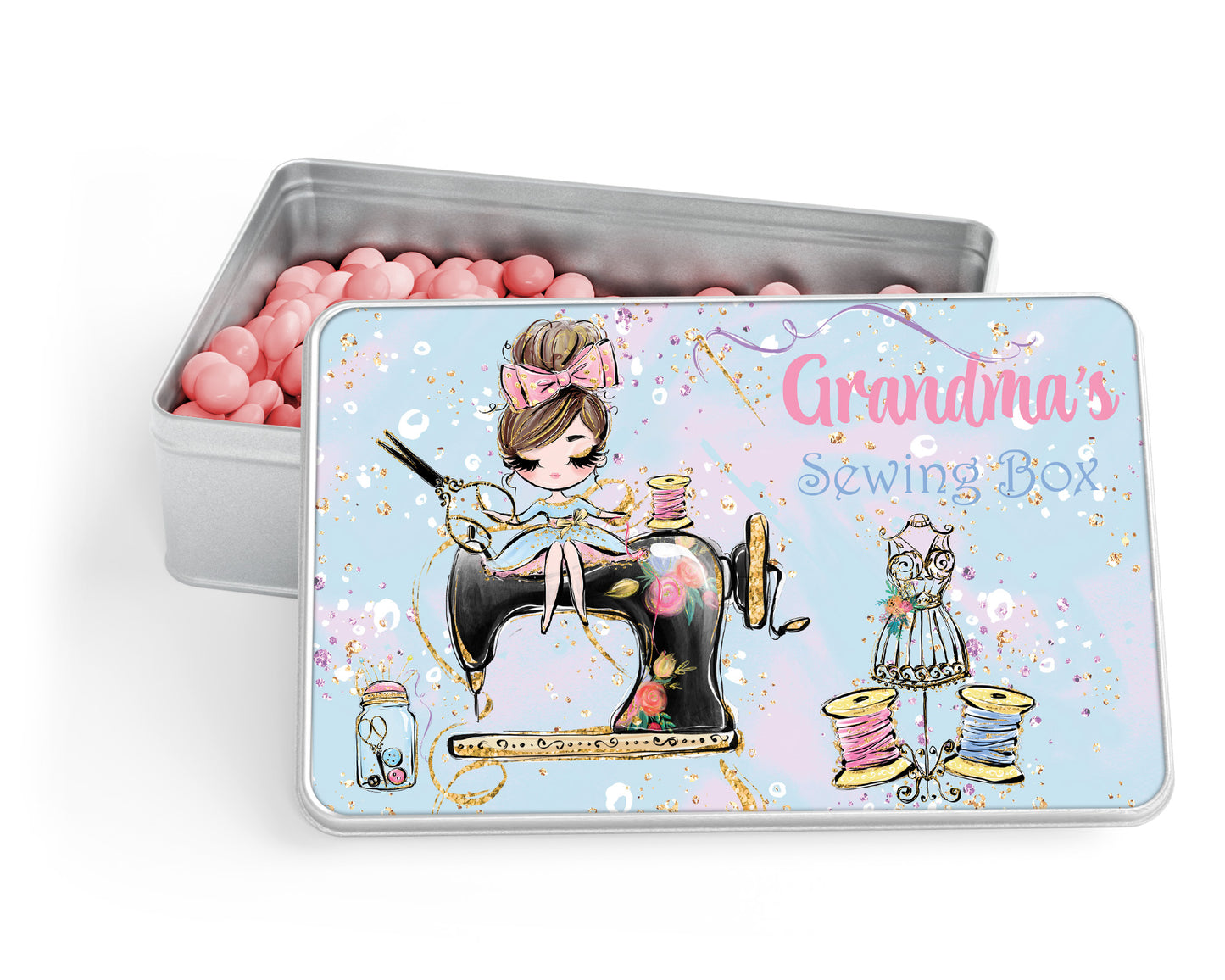 Personalised Storage Tin, Sewing Box, Girl sitting on Machine, Aluminium Tin