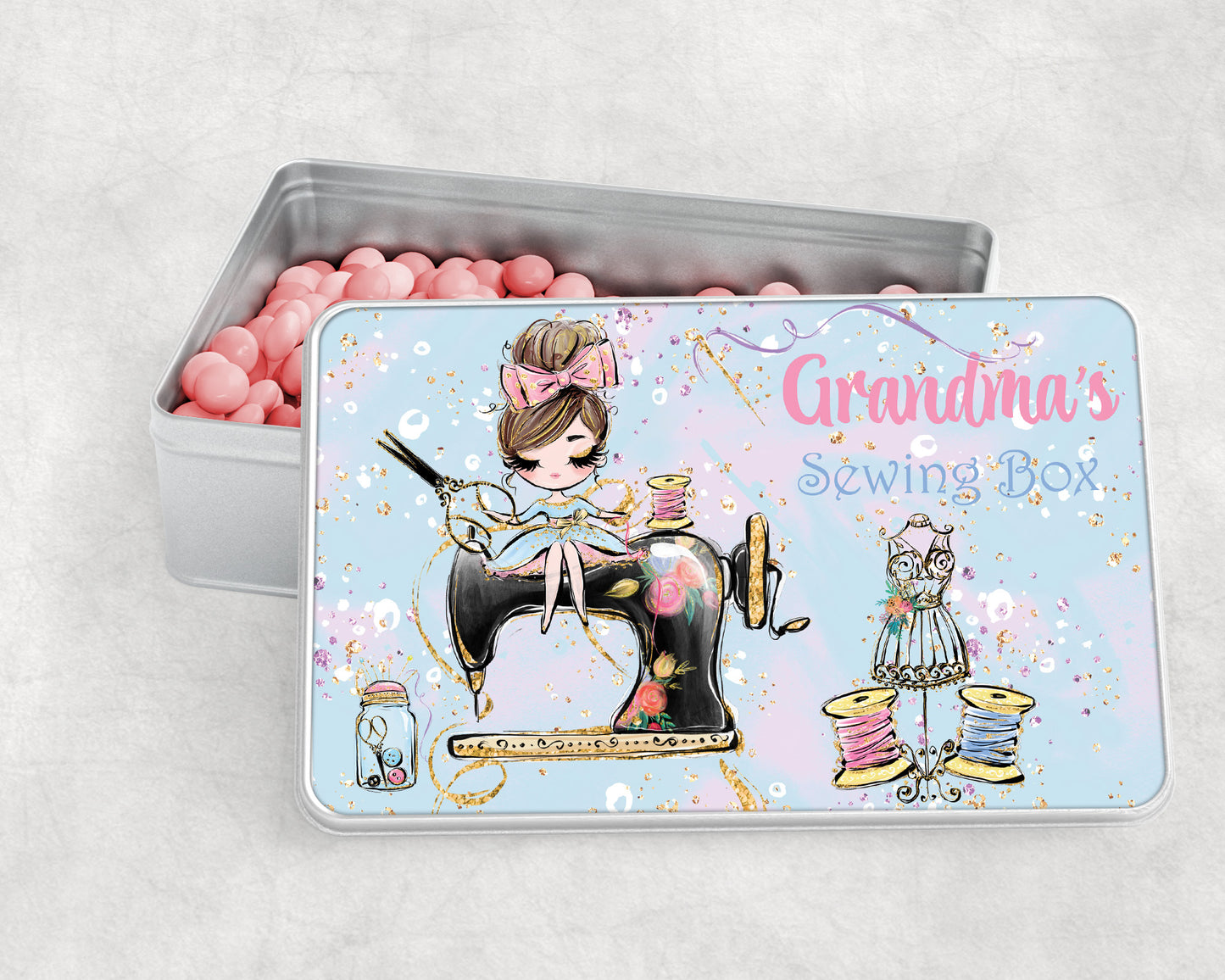 Personalised Storage Tin, Sewing Box, Girl sitting on Machine, Aluminium Tin