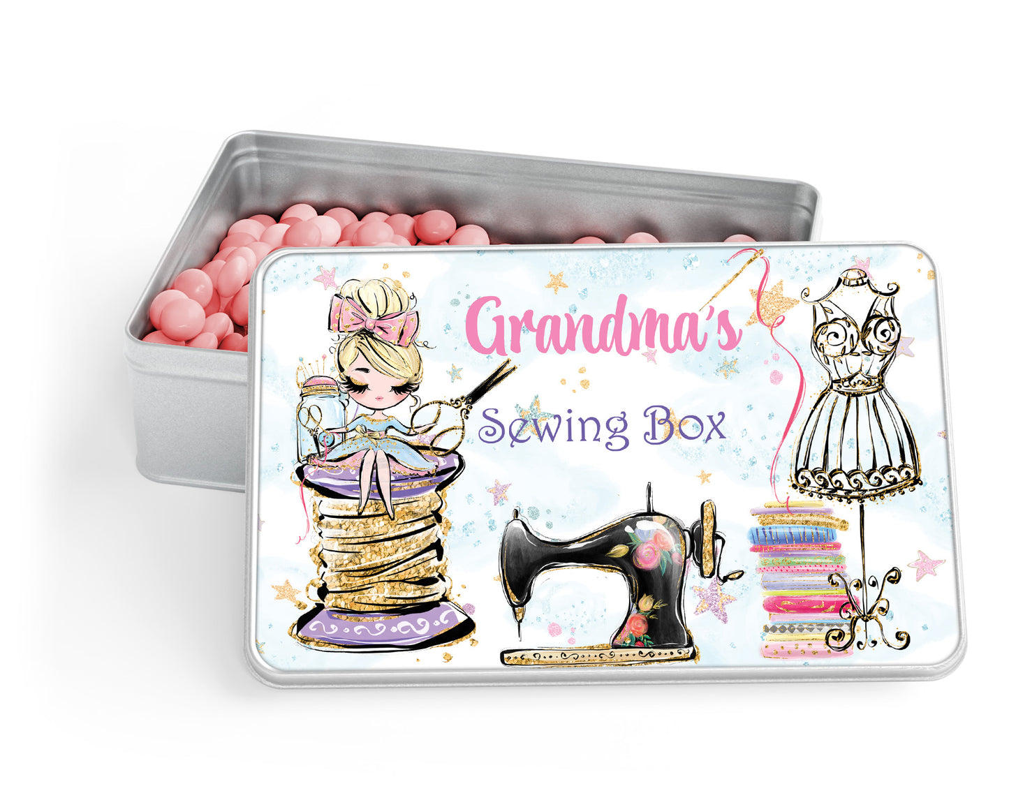 Personalised Storage Tin, Sewing Box, Girl sitting on reel Aluminium Tin