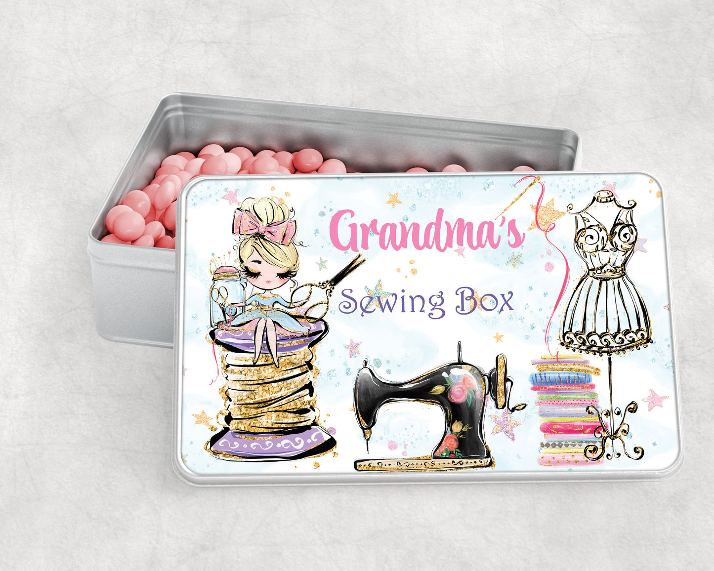 Personalised Storage Tin, Sewing Box, Girl sitting on reel Aluminium Tin