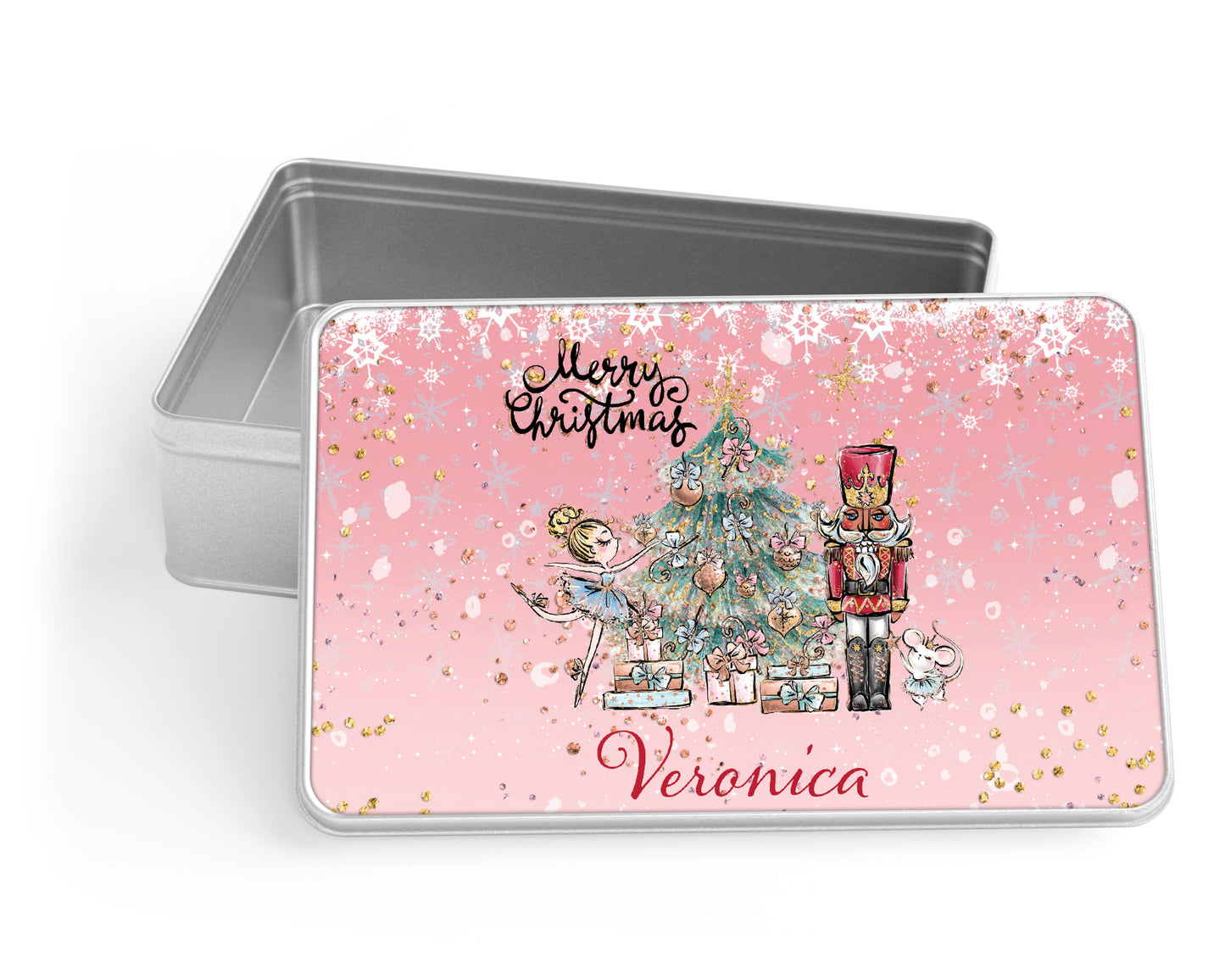 Personalised Storage Tin, Pink Christmas Nutcracker