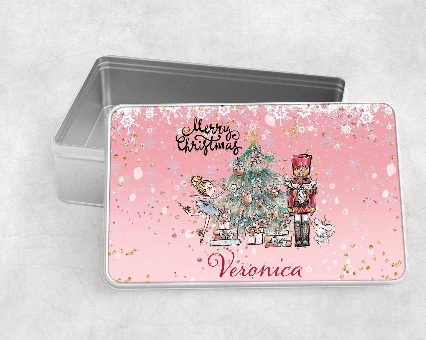 Personalised Storage Tin, Pink Christmas Nutcracker