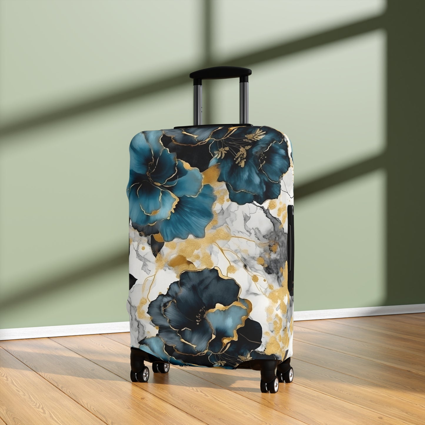 Luggage Cover, Alcohol Ink Black, Blue and Gold Floral