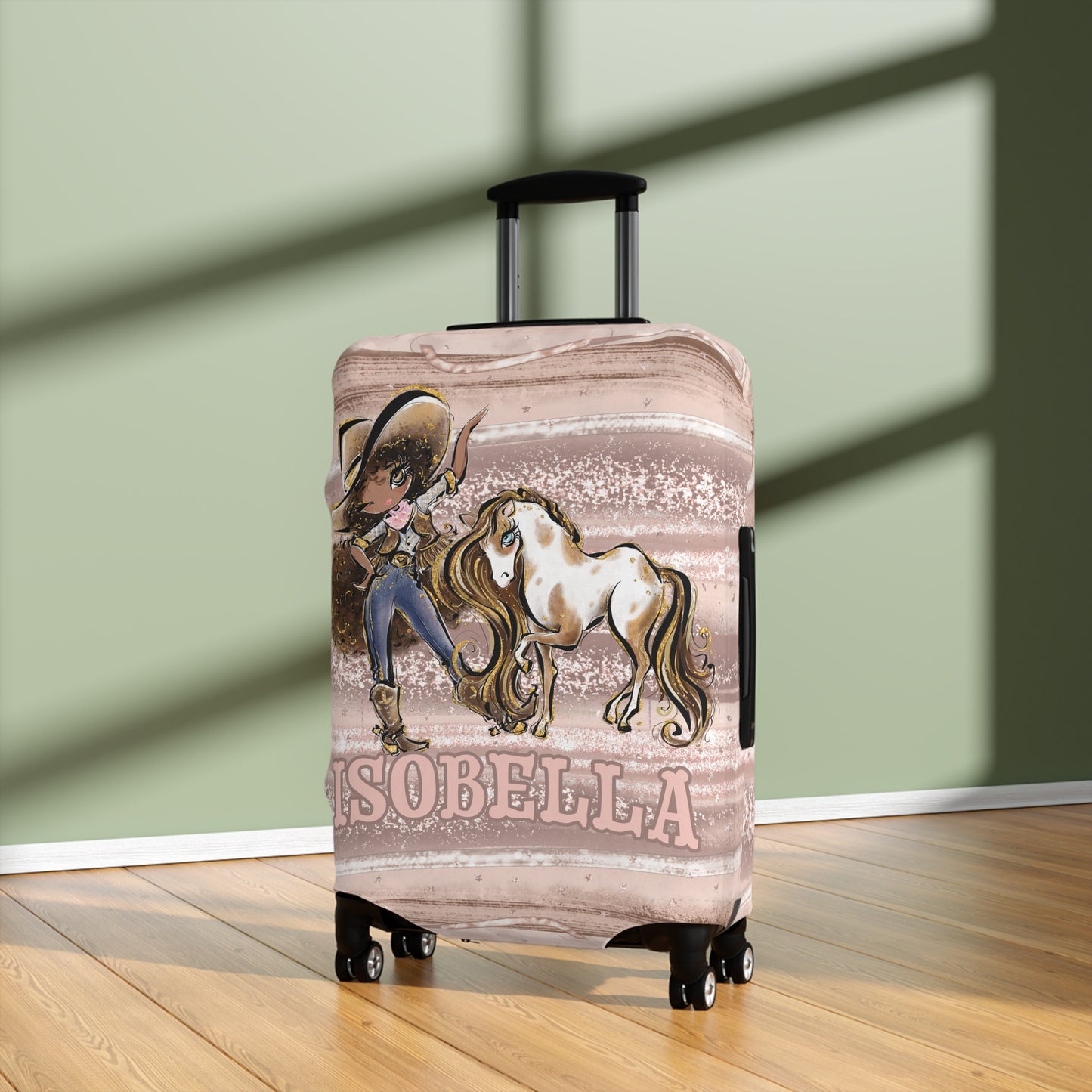 Luggage Cover, Howdy Cowgirl and Horse, Brunette Curly Hair Olive Skin Brown Eyes