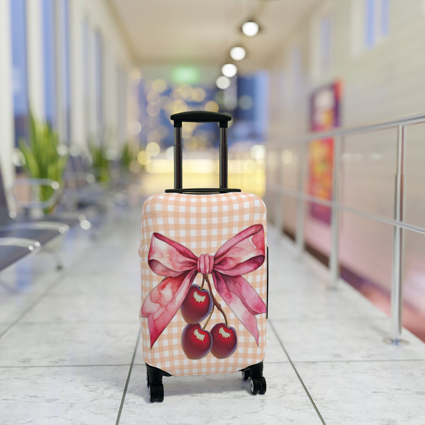 Luggage Cover, Rockabilly, Coquette, Pastel Orange Gingham, Cherries and Ribbon, awd-2510