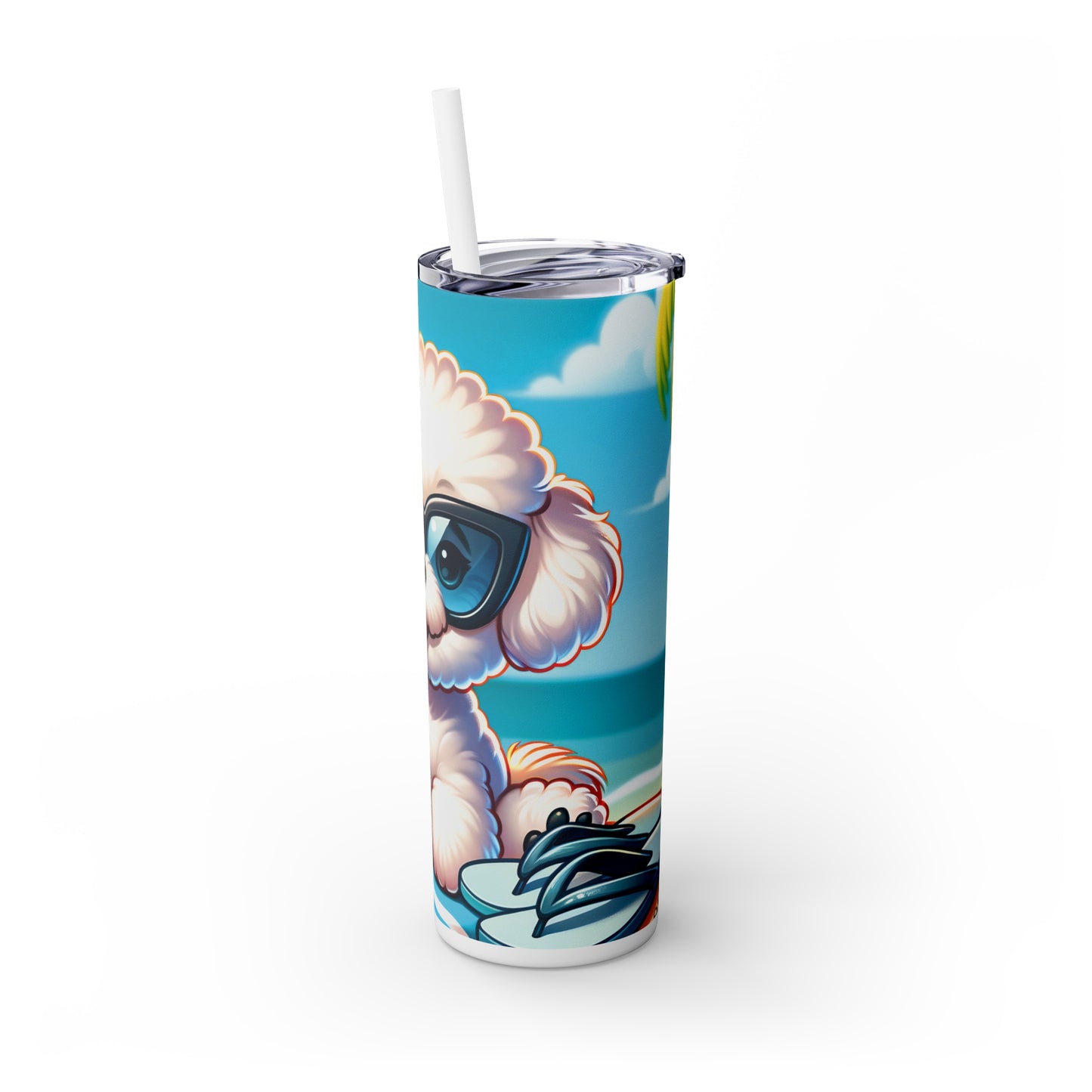 Skinny Tumbler with Straw, 20oz, Dog on Beach, Bichon Frise, awd-1107