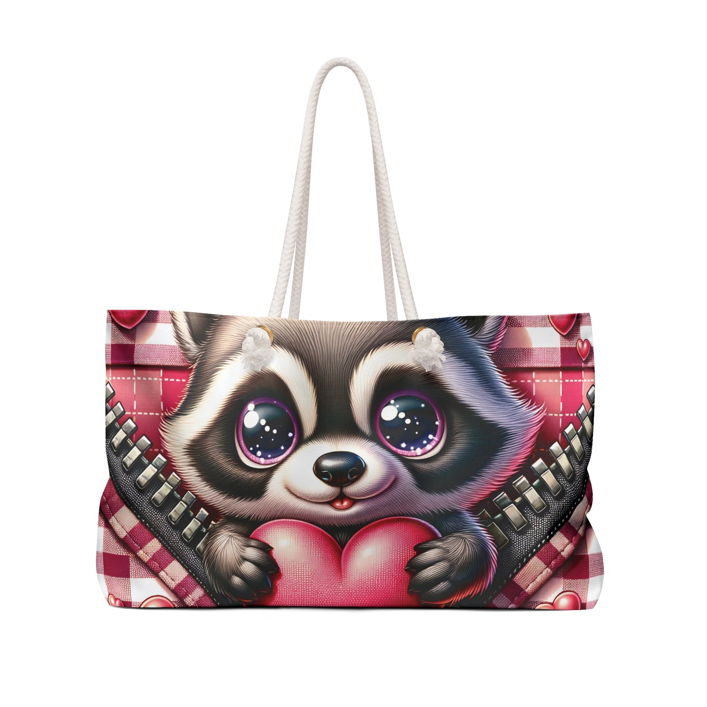 Personalised/Non-Personalised Weekender Bag, Cute Racoon, Zipper, Valentines Day, Large Weekender Bag, Beach Bag, Book Bag