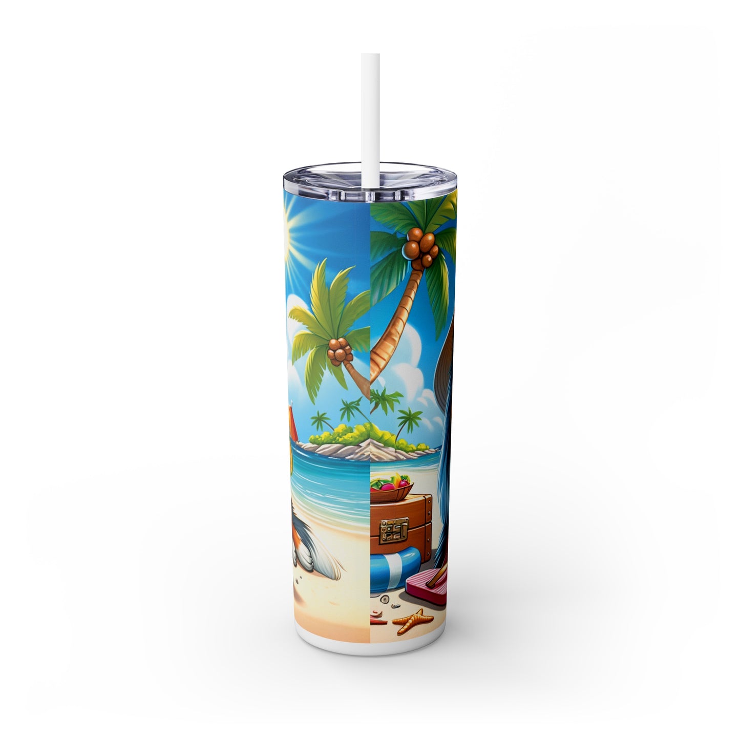 Skinny Tumbler with Straw, 20oz, Dog on Beach, Sheltie, awd-1243