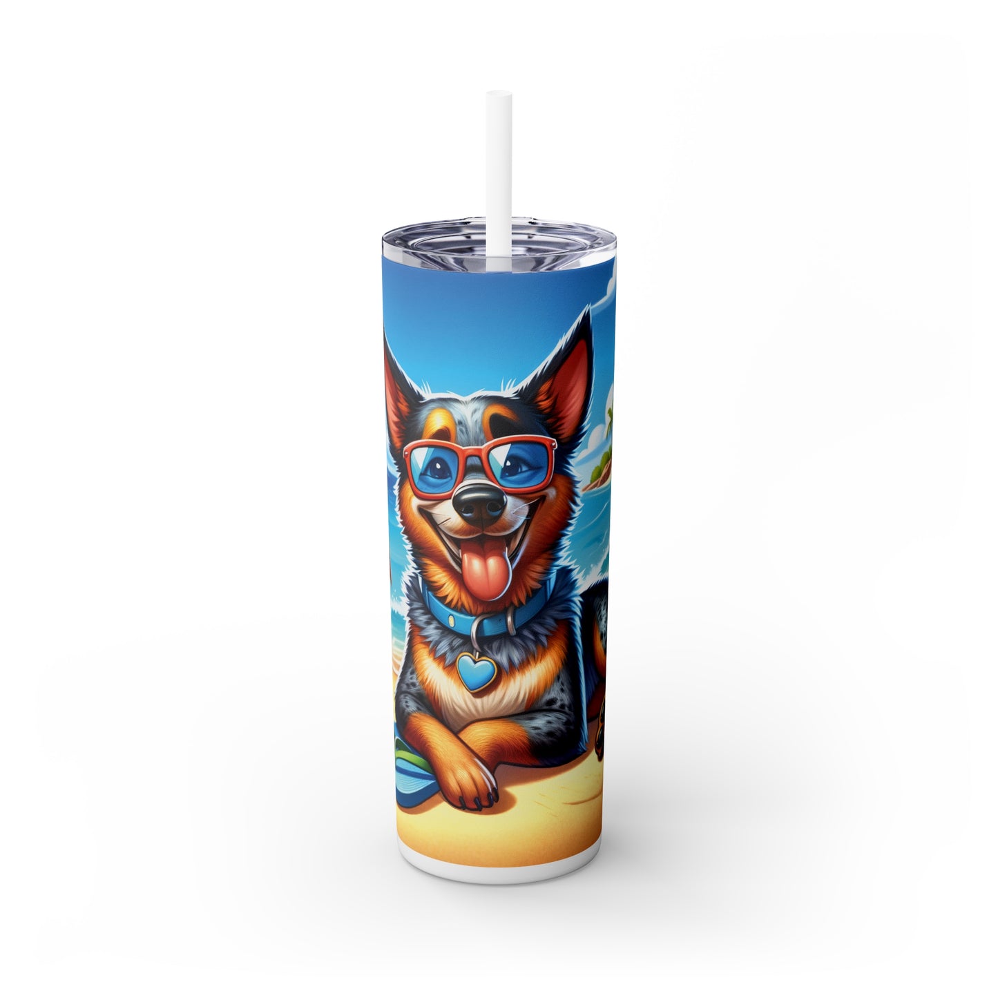 Skinny Tumbler with Straw, 20oz, Dog on Beach, Australian Cattle Dog, awd-1114