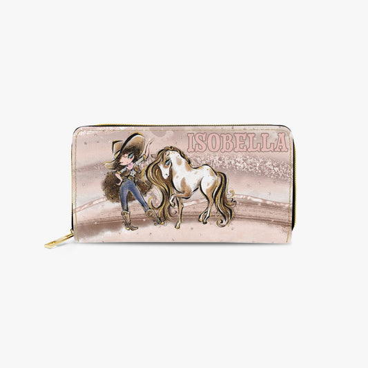 Long Type Zipper Purse, Howdy Cowgirl & Horse, Brunette Curly Hair Blue Eyes, Personalised