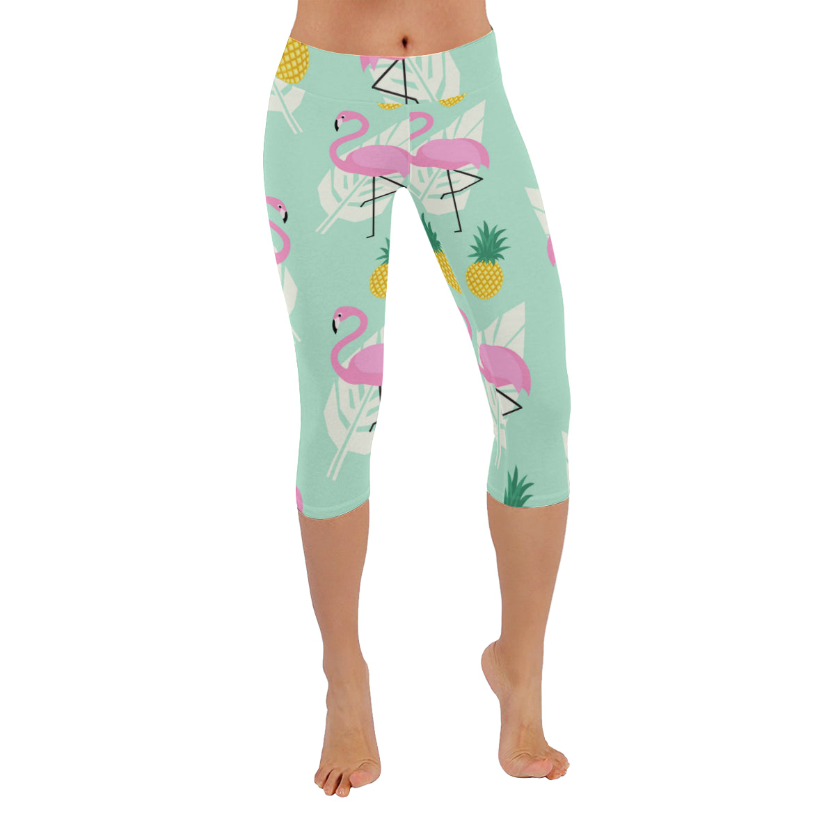 Tropical Pink Flamingos Pineapples and Palm Leaf Women's Low Rise Capri Leggings (Invisible Stitch)