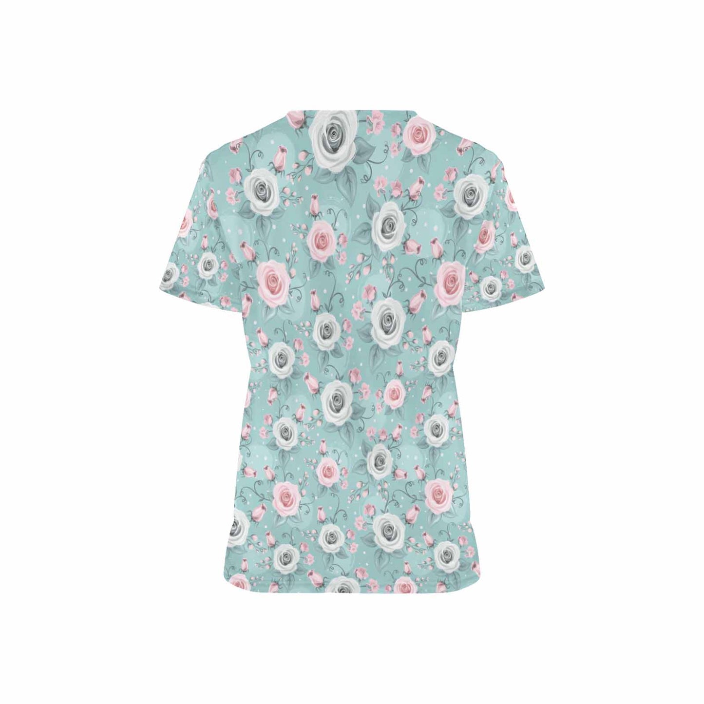 Green Pastel Roses  Women's V Neck Scrub Top Nurse Uniform with Deep Front Pockets