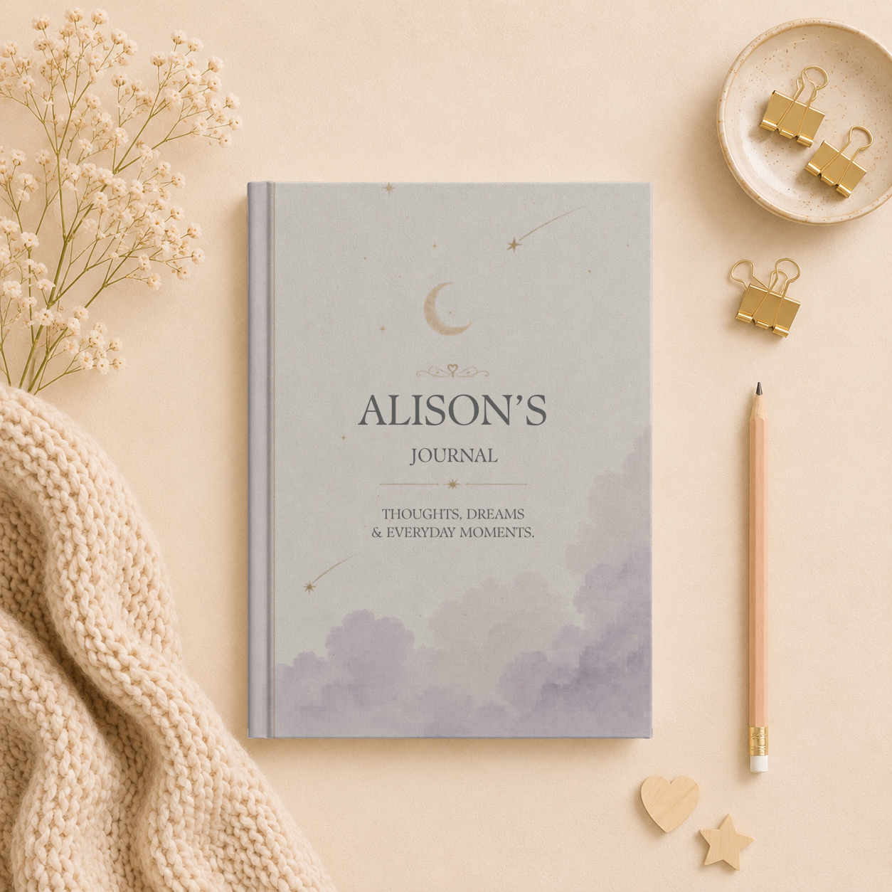 Personalized Hardcover Journal, Custom Matte Diary, Thoughtful Gift, Moon and Stars Design, Journaling Notebook