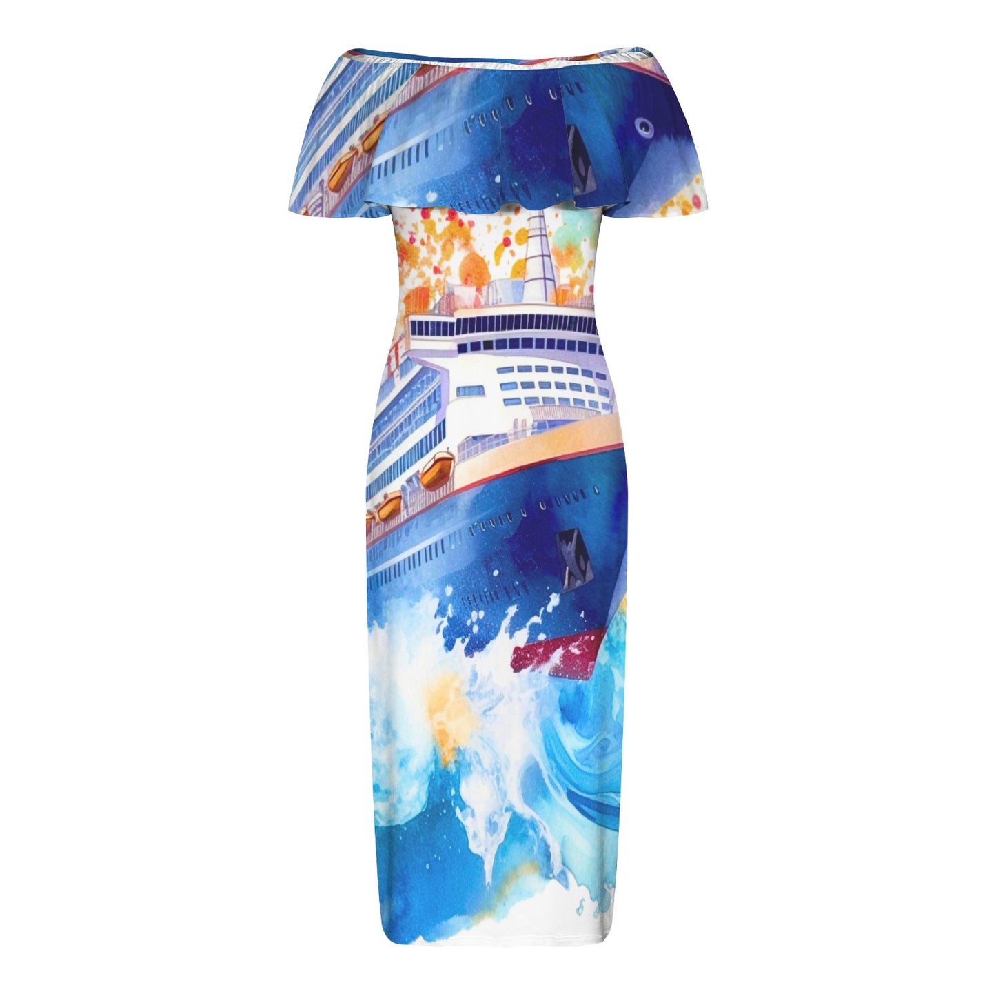 Just Cruisin 3 Women's Off Shoulder Ruffle Boat Neck Dress (Model D71)