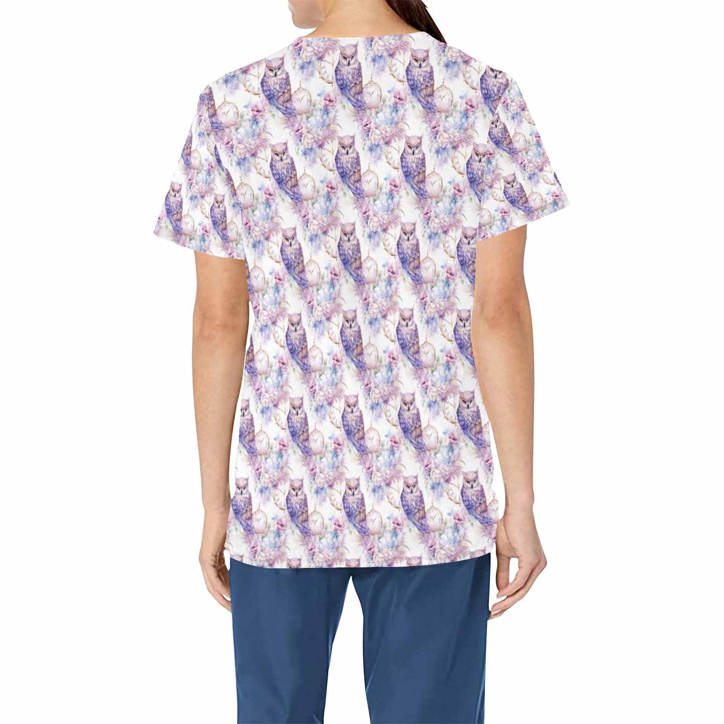 Pastel Owls  Women's V Neck Scrub Top Nurse Uniform with Deep Front Pockets