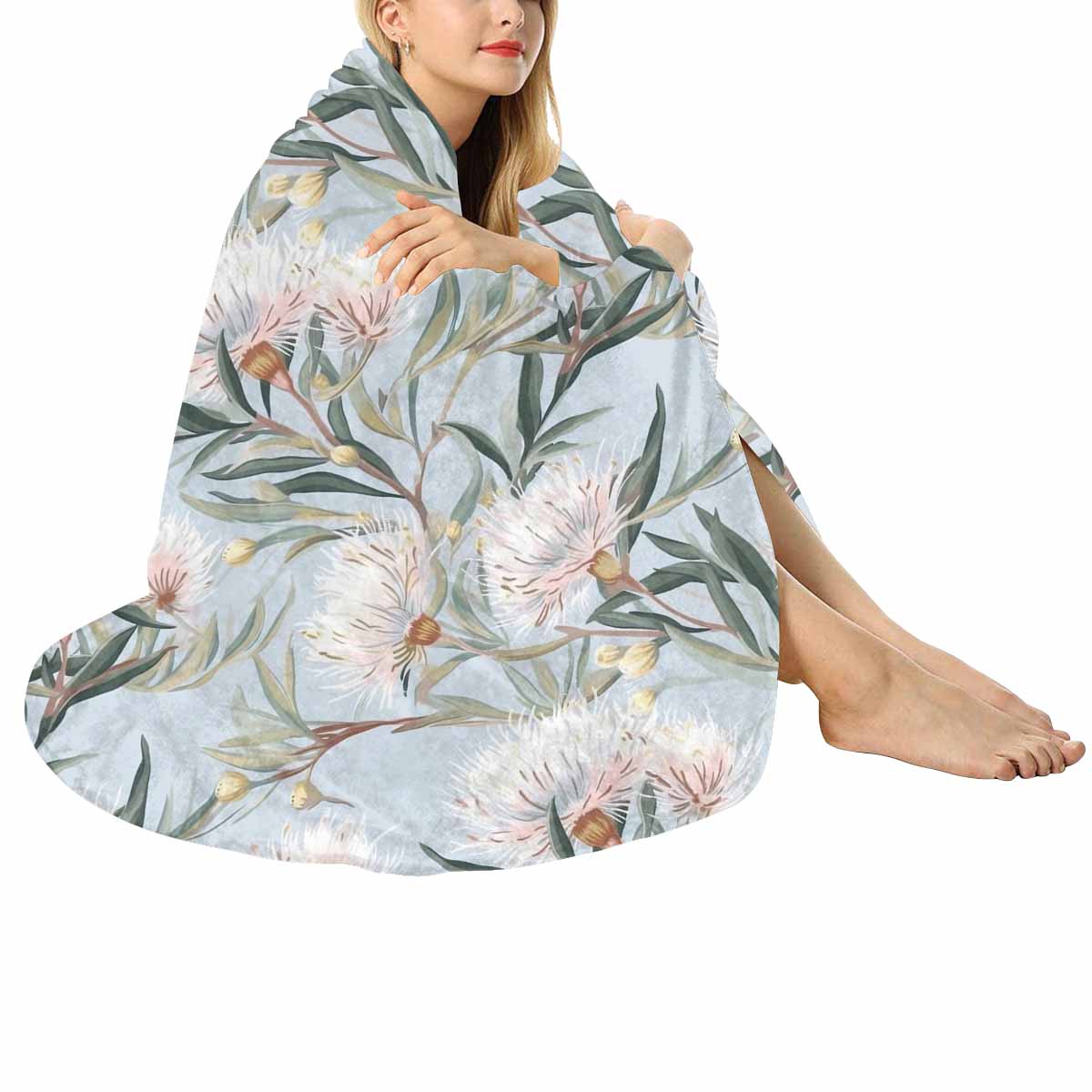 Australian Floral Blue  Circular Micro Fleece Blanket 47"