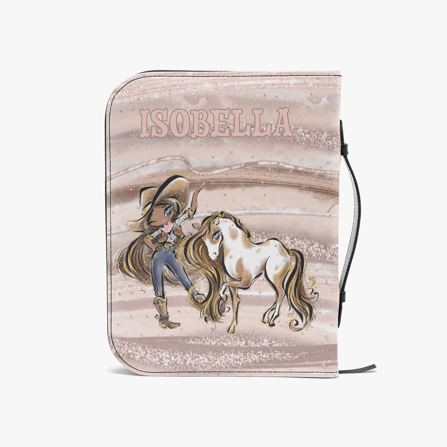 Book/Bible Cover, Howdy, Cowgirl and Horse, Brunette Hair, Olive Skin, Blue Eyes