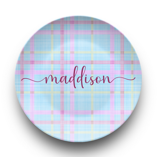 Blue Pink Pastel Plaid Personalised Plate