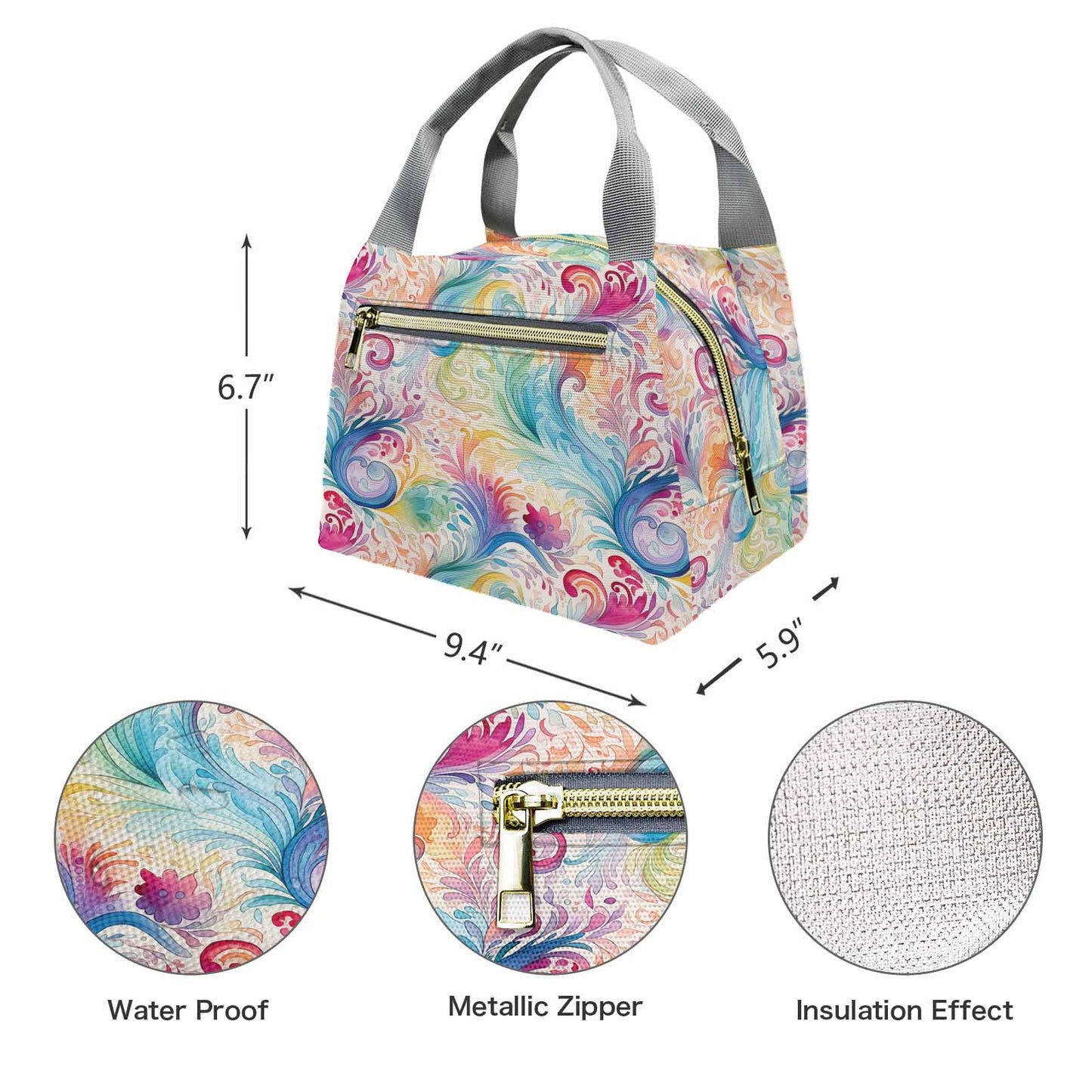 Pastel Rainbow Paisley  Portable Lunch Bag-Grey Handle