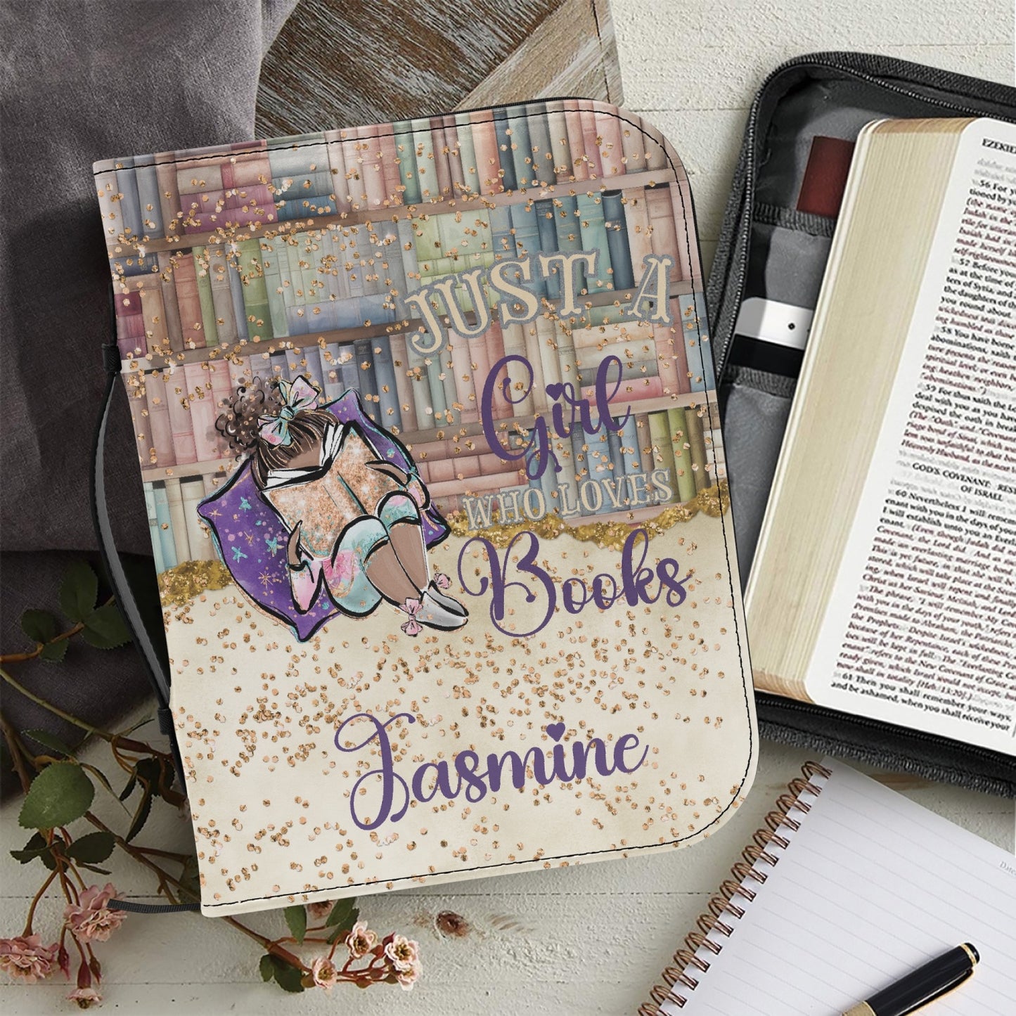 Book Cover/Bible Cover, Just a Girl who Loves Books, Brunette Hair, Olive Skin