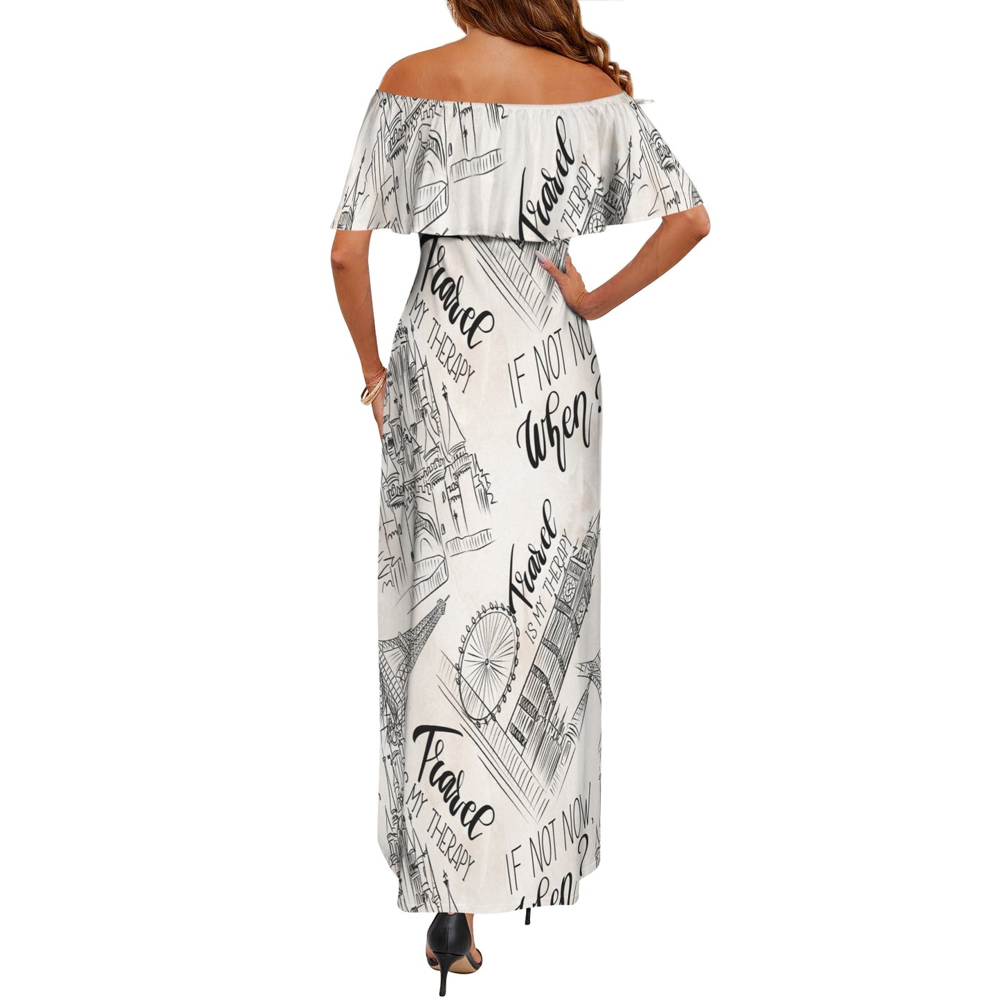 Travel is my Therapy awd1120 Women's Off Shoulder Ruffle Boat Neck Dress (Model D71)