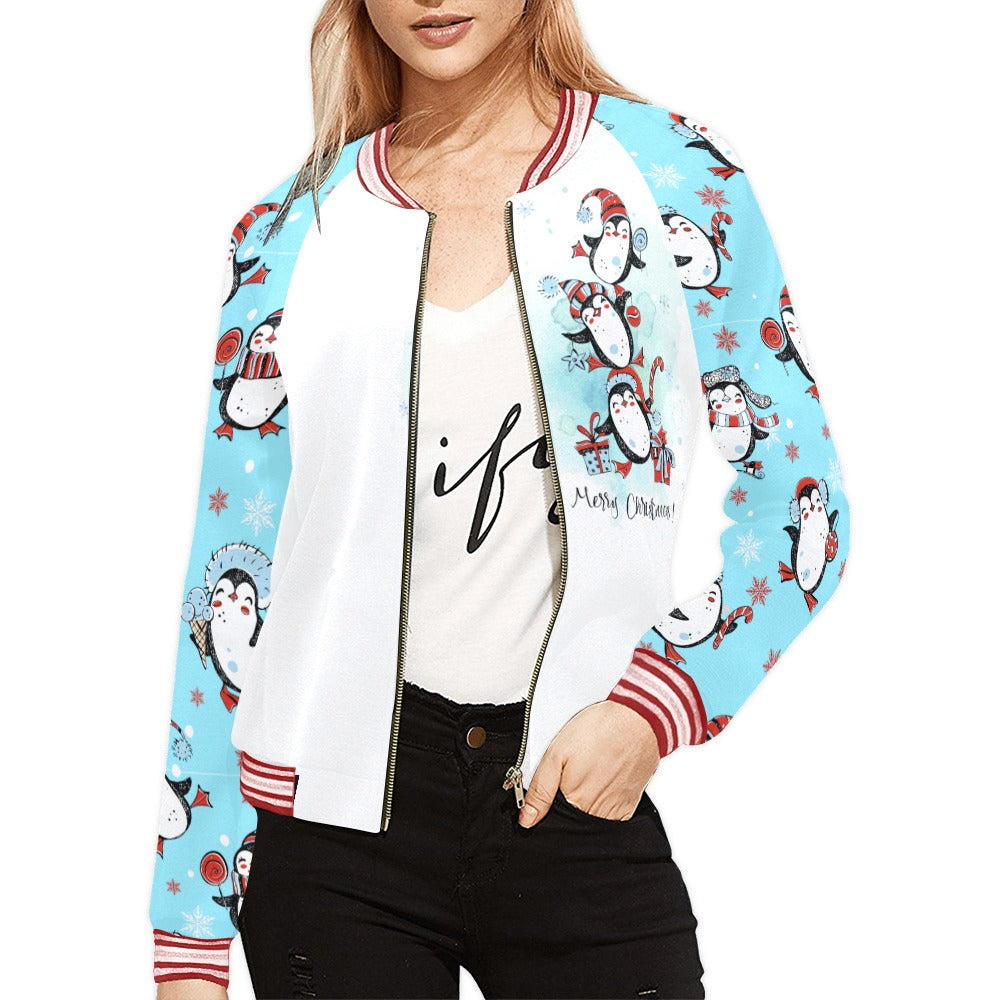 Merry Christmas Penguin Tree Bomber Jacket for Women