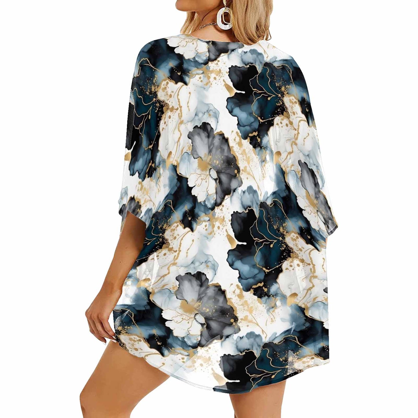 Black Ink Floral  Women's Kimono Chiffon Cover Up