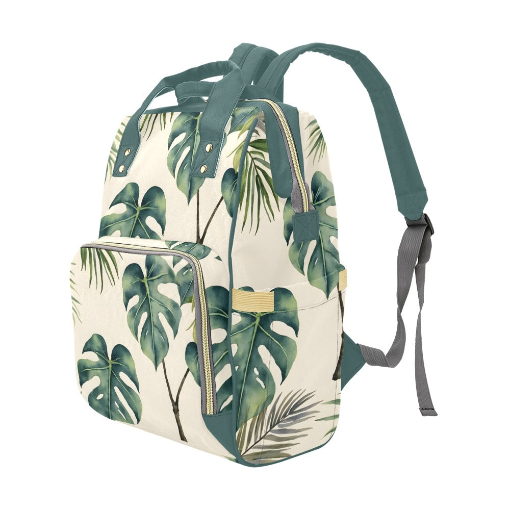 Monsteria leaves pattern cream bg Multi-Function Diaper Backpack/Diaper Bag (Model 1688)