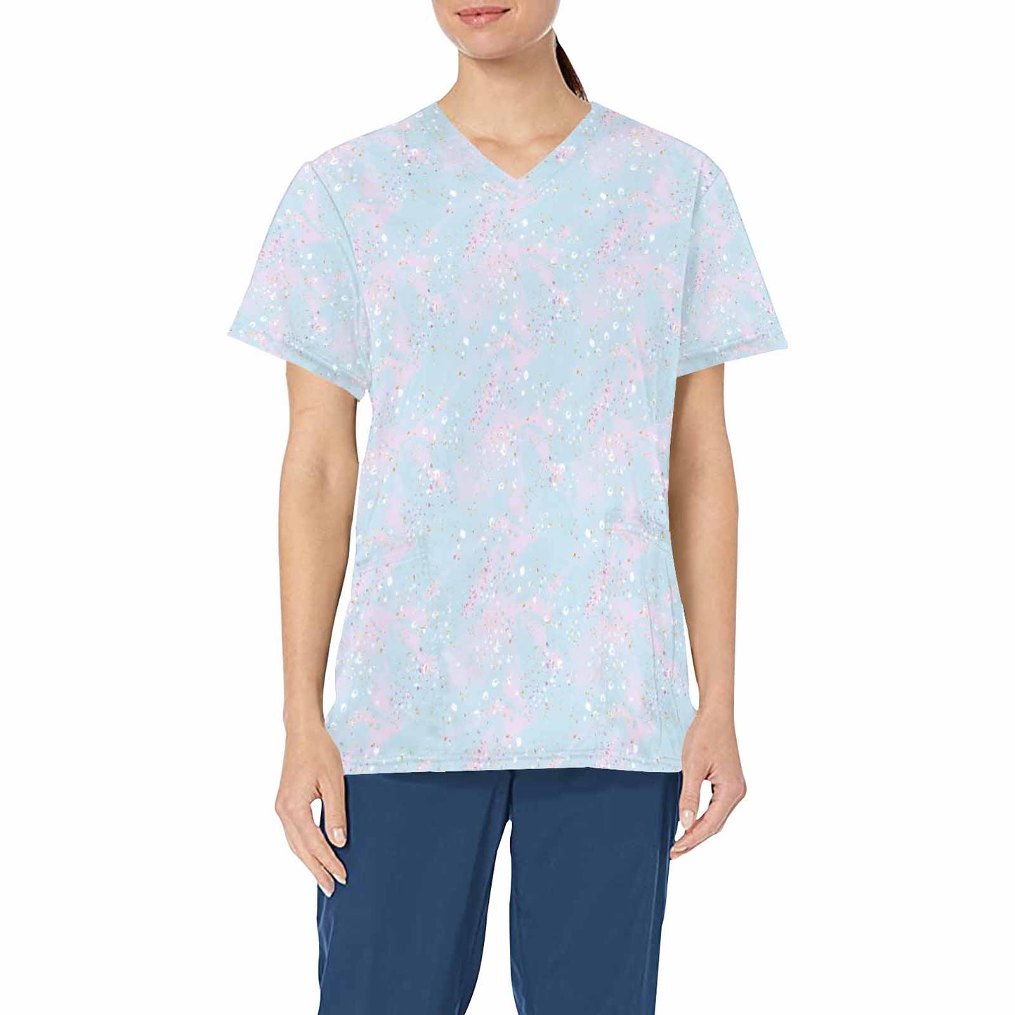 Blue Splashes  Women's V Neck Scrub Top Nurse Uniform with Deep Front Pockets