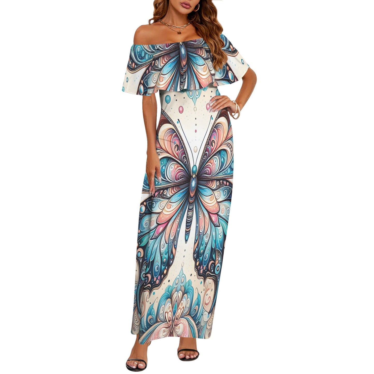 Butterfly awd49 Women's Off Shoulder Ruffle Boat Neck Dress (Model D71)