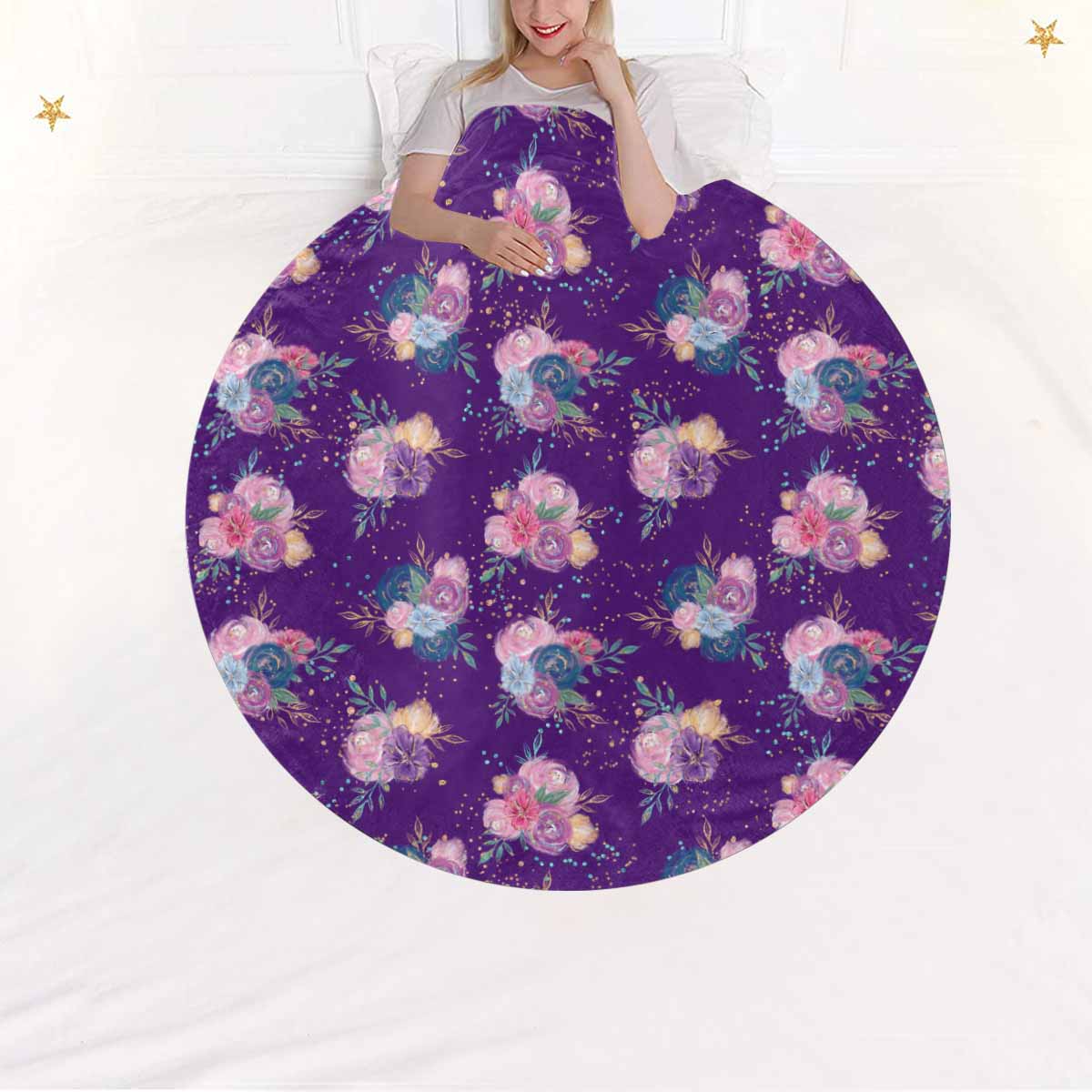 Purple Floral  Circular Micro Fleece Blanket 47"